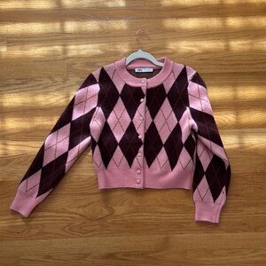 Zara Pink and Brown Argyle Cardigan Sweater